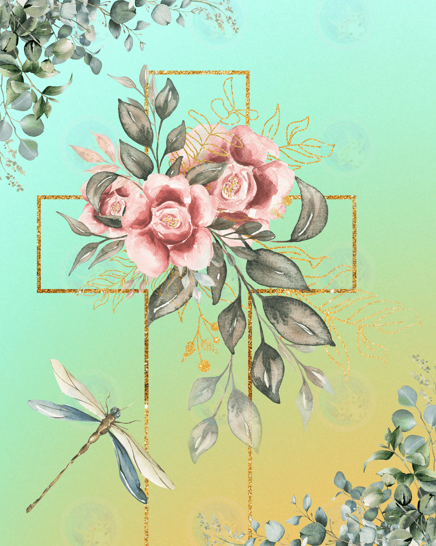 Gold Cross Dragonfly - Digital Wall Art 16x20