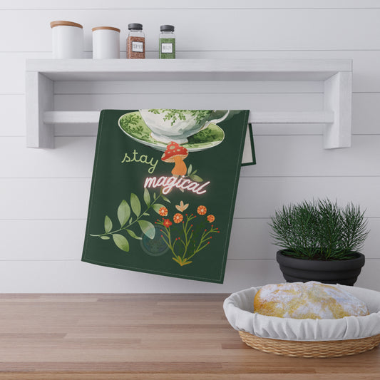 Stay Magical Tea Towel – Mystical Vintage Green Teacup Kitchen Towel | Cottagecore Spiritual Decor