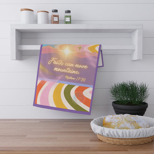 Faith Can Move Mountains Tea Towel – Matthew 17:20 Retro Mountain Kitchen Decor | 70s Colorblock Spiritual Towel