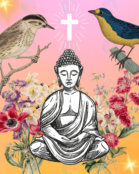Buddha Belief with Crosses and Birds - Digital Wall Art 16x20